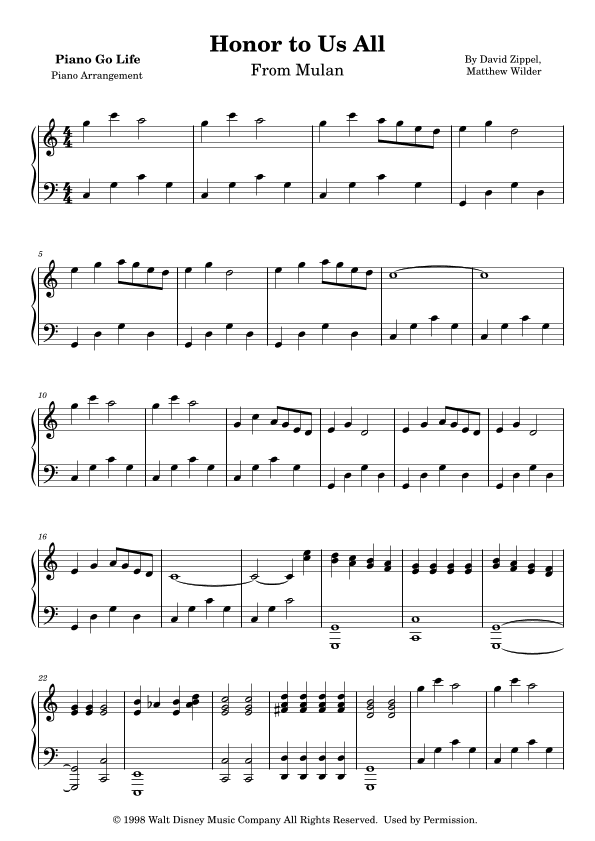 Honor To Us All (arr. Piano Go Life)
