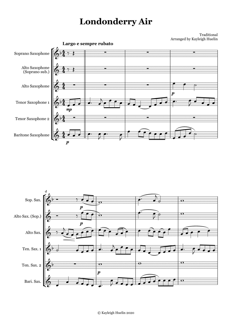 Londonderry Air (Danny Boy) - Saxophone quintet (SATTB/AATTB) (arr. Kayleigh Huelin)