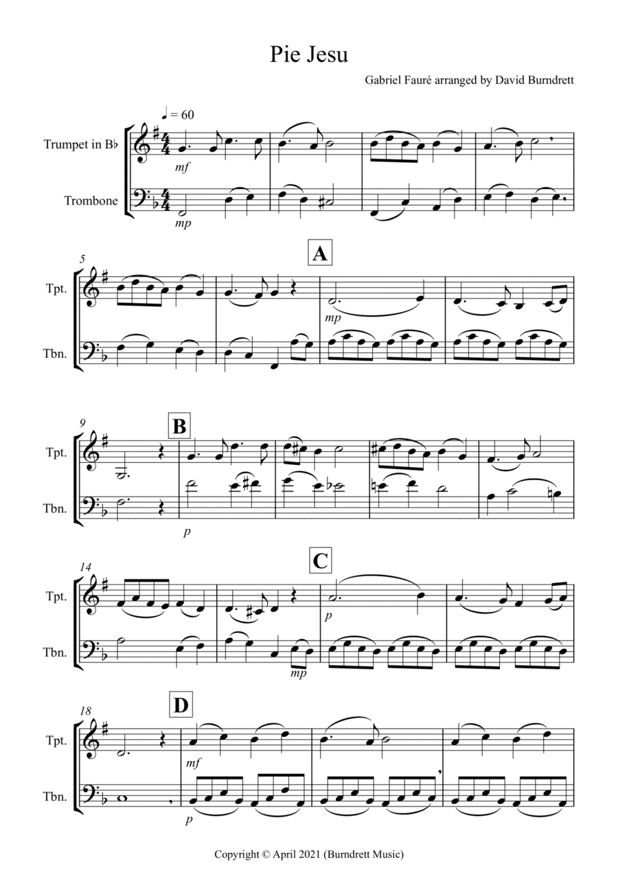 Pie Jesu (from Requiem) for Trumpet and Trombone Duet (arr. David Burndrett)