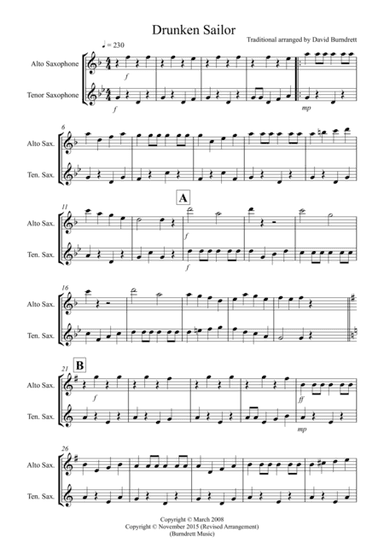 Drunken Sailor for Alto and Tenor Saxophone Duet (arr. David Burndrett)