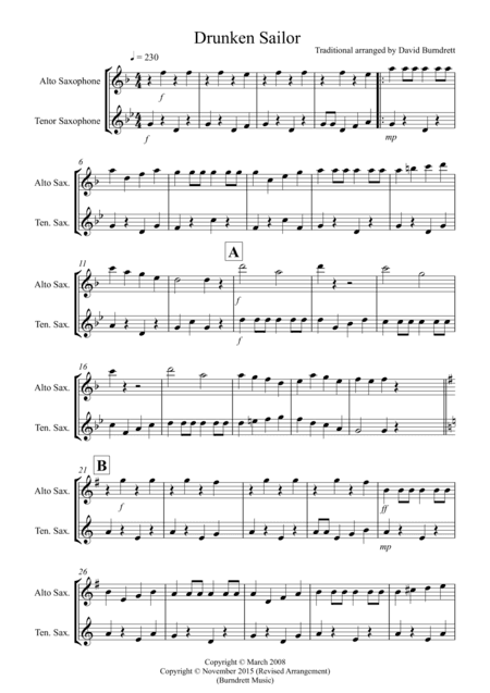Drunken Sailor for Alto and Tenor Saxophone Duet (arr. David Burndrett)