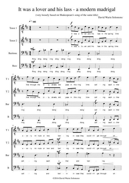 It was a lover and his lass - a modern madrigal for men's voices TTBarB