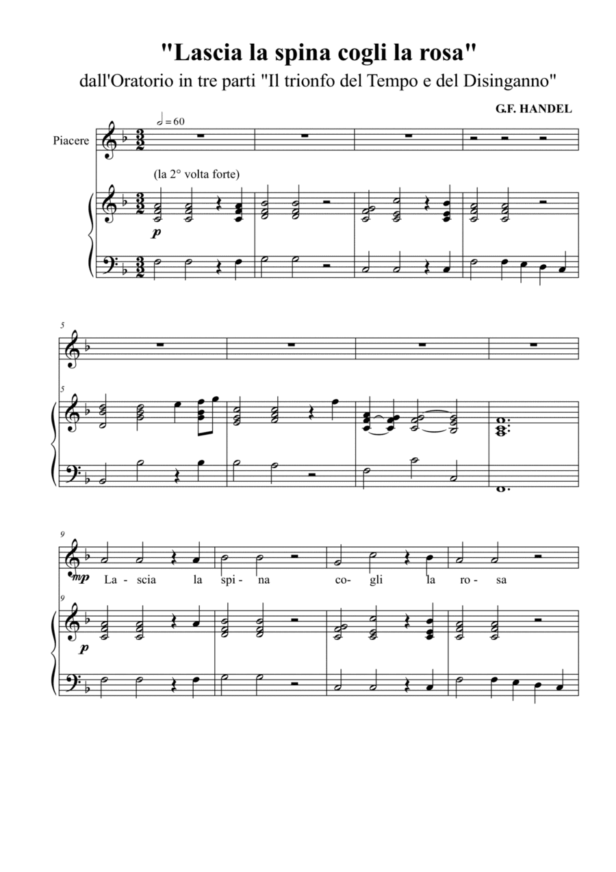 Haendel Lascia la spina, cogli la rosa F major soprano voice and piano (arr. Helios D'Andrea)