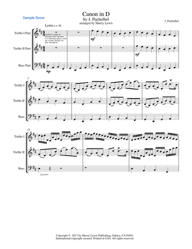 CANON IN D Trio, Intermediate Level for  String Trio, Woodwind Trio, any combination of two treble c (arr. Sherry Lewis)