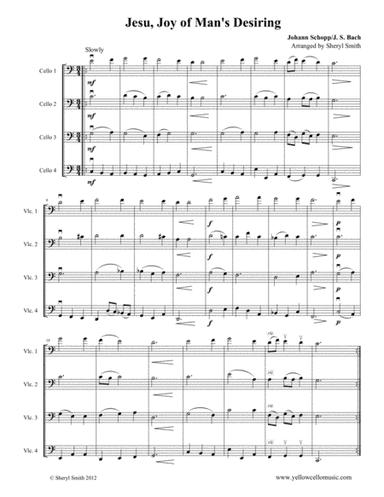 Jesu Joy of Man's Desiring, arranged for four intermediate cellists (cello quartet, four cellos) (arr. Yellow Cello Music)