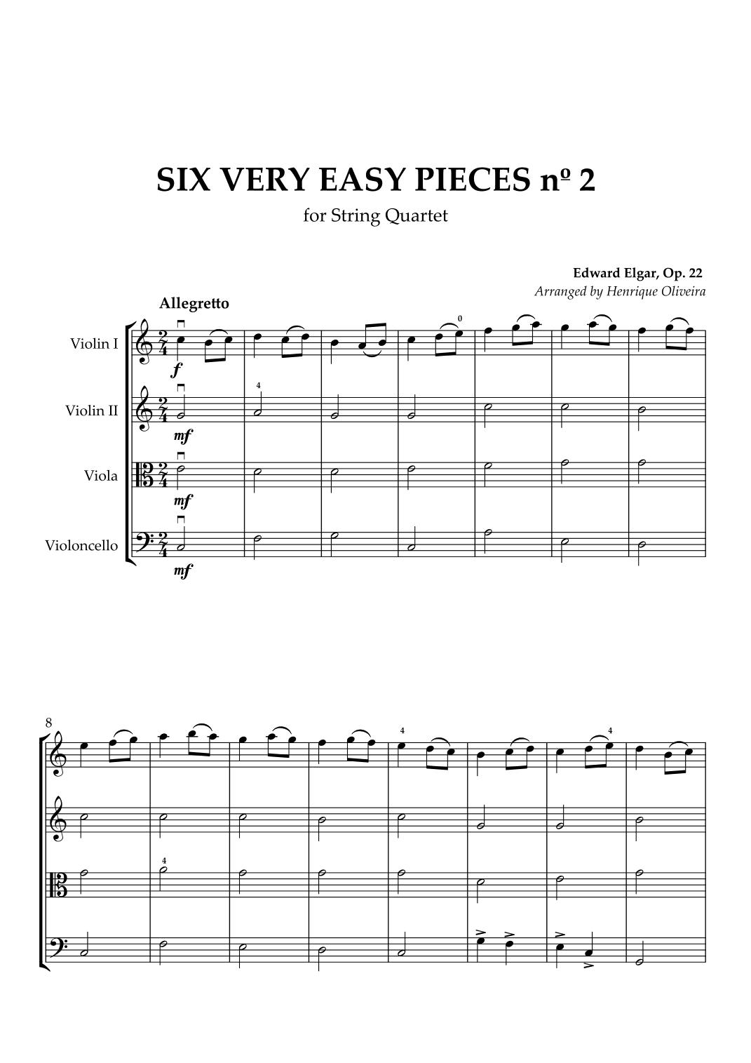 Six Very Easy Pieces nº 2 (Allegretto) - for String Quintet (arr. Henrique Oliveira)