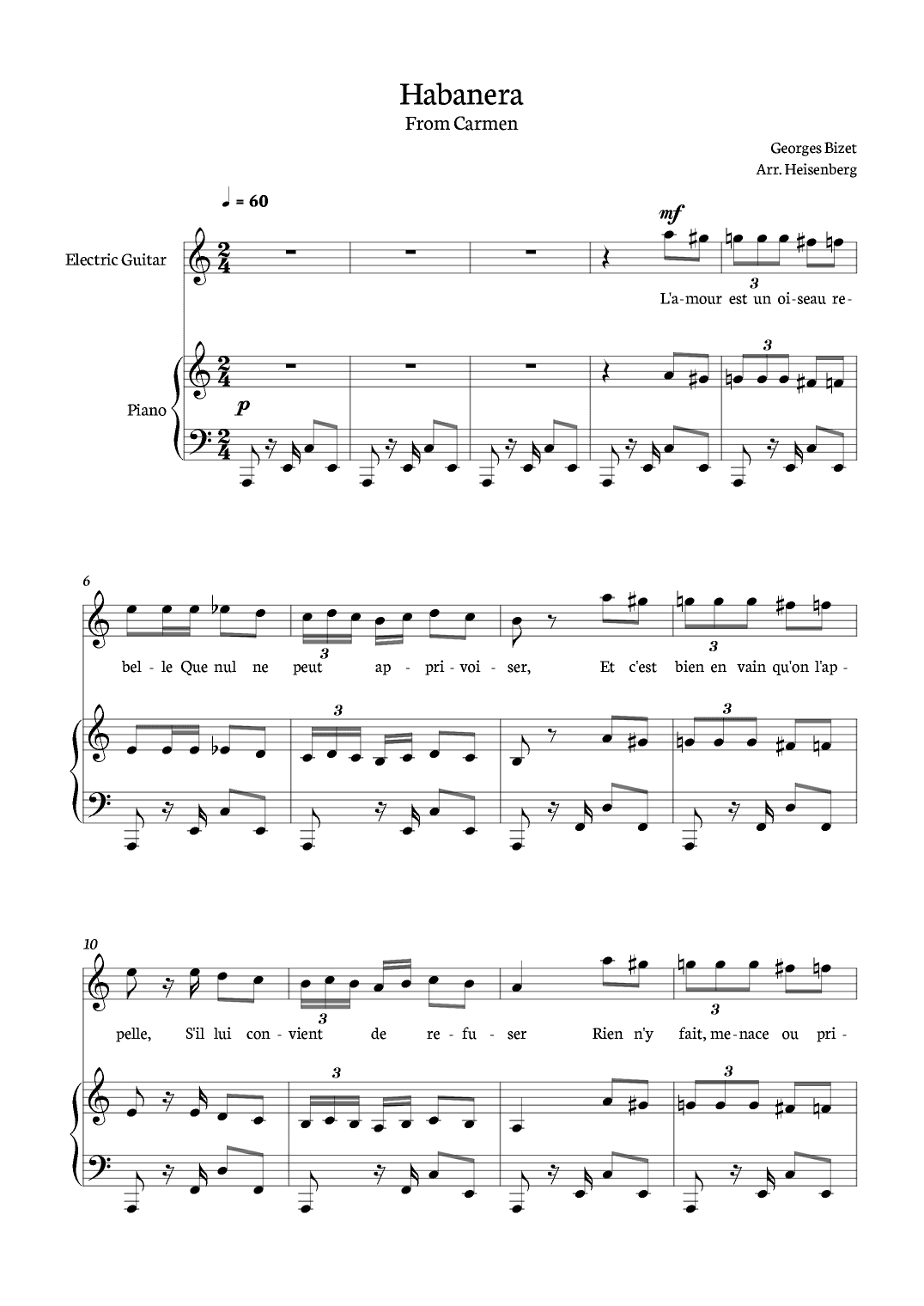 Habanera from Carmen for Eletric Guitar with piano. (arr. Heisenberg)