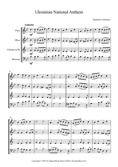 Ukrainian National Anthem - Mykhailo Verbytsky (Woodwind Quartet - Flute, Oboe, Clarinet, Bassoon) (arr. Digital Book Music)