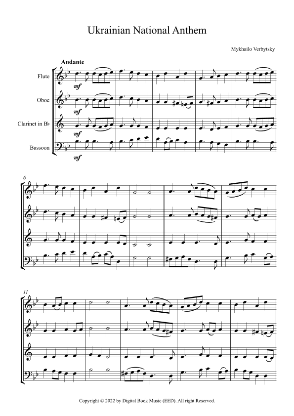 Ukrainian National Anthem - Mykhailo Verbytsky (Woodwind Quartet - Flute, Oboe, Clarinet, Bassoon) (arr. Digital Book Music)