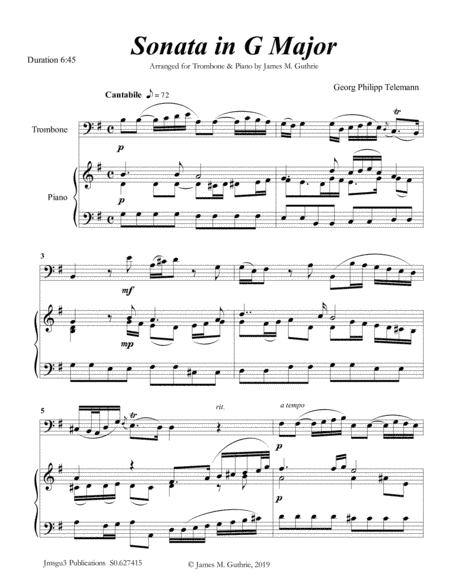 Telemann: Sonata in G Major for Trombone & Piano (arr. James M. Guthrie, ASCAP)