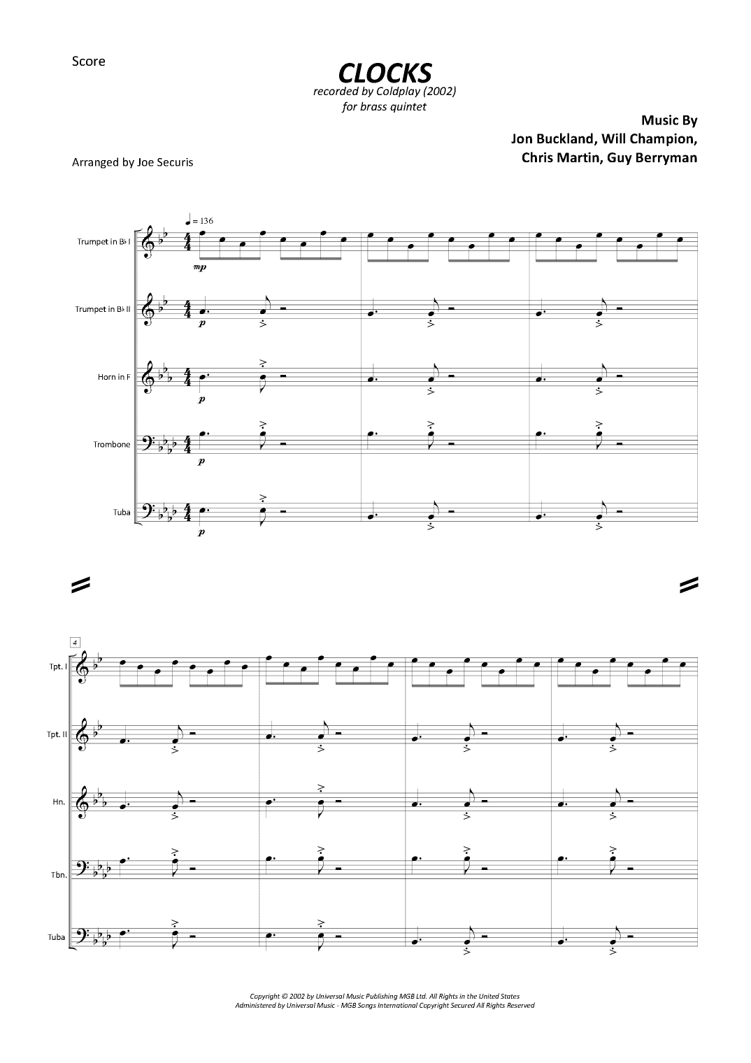 Clocks (arr. Joe Securis)