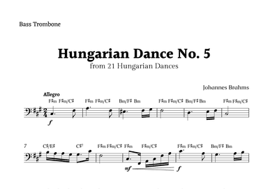 Hungarian Dance No. 5 by Brahms for Bass Trombone Solo with Chords (arr. Rika K.)