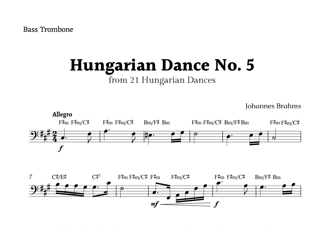 Hungarian Dance No. 5 by Brahms for Bass Trombone Solo with Chords (arr. Rika K.)