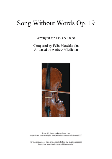 Song Without Words Op. 19 No. 1 arranged for Viola and Piano (arr. Andrew Middleton)