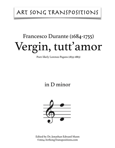 DURANTE: Vergin tutt'amor (transposed to D minor) (arr. ArtSongTranspositions.com)
