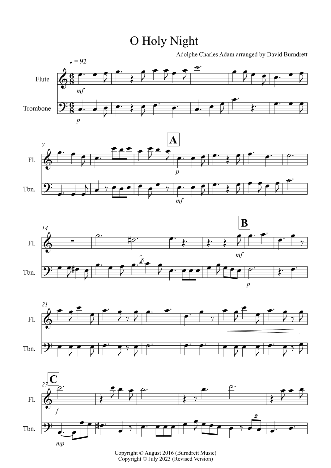 O Holy Night for Flute and Trombone Duet (arr. David Burndrett)