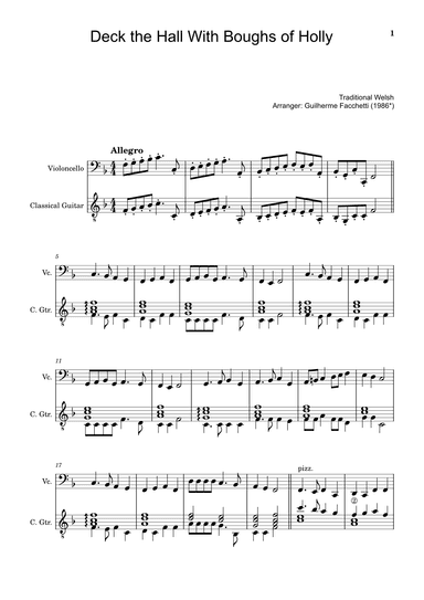 Deck the Hall With Boughs of Holly - Cello and Guitar (Score and Parts) (arr. Guilherme Facchetti)