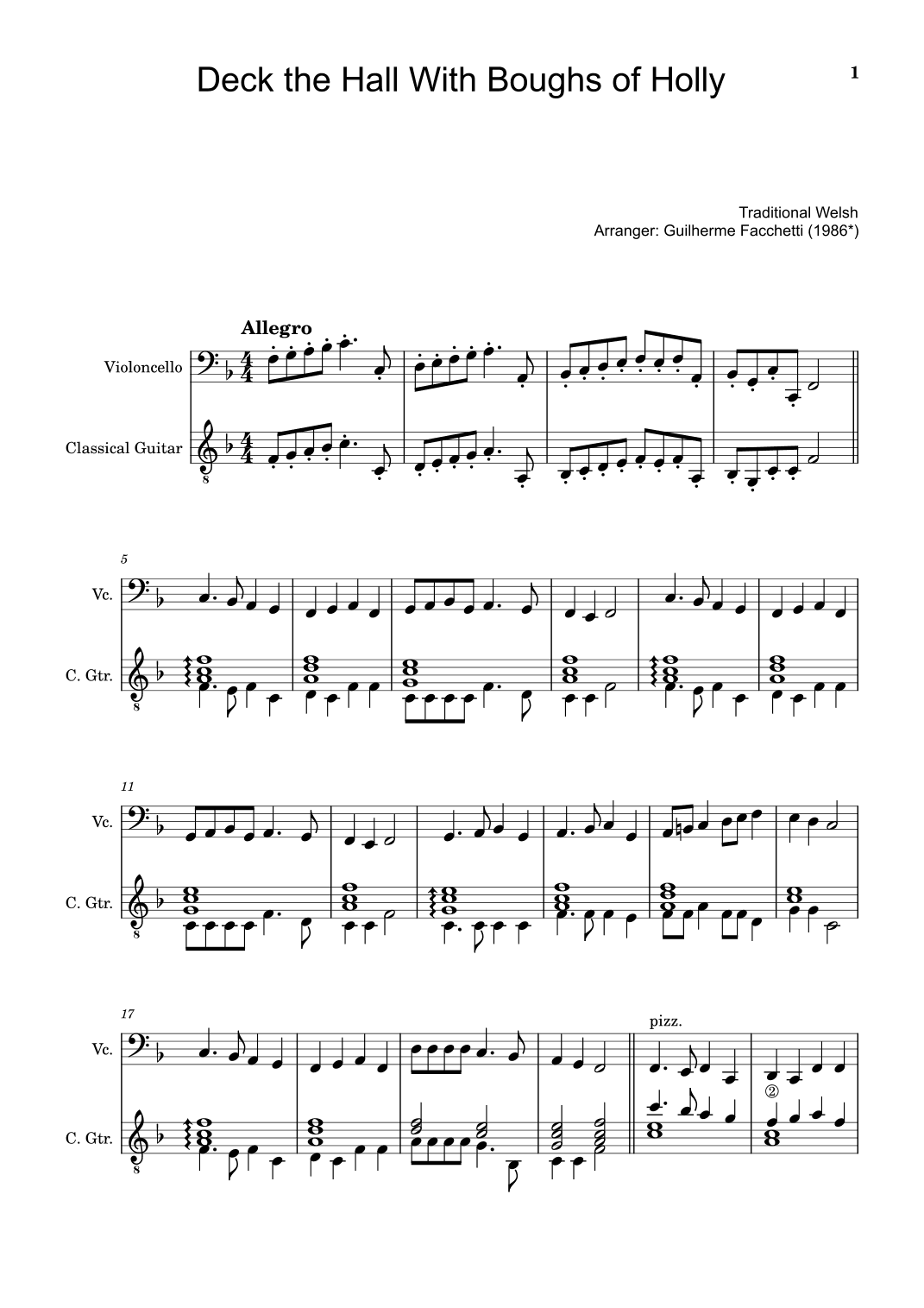 Deck the Hall With Boughs of Holly - Cello and Guitar (Score and Parts) (arr. Guilherme Facchetti)