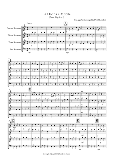 La Donna e Mobile (from Rigoletto) for Recorder Quartet (arr. David Burndrett)