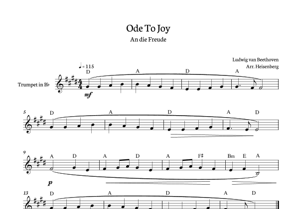 Beethoven - Ode to Joy for trumpet with chords in D major. (arr. Heisenberg)
