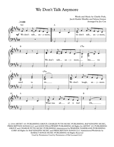 We Don't Talk Anymore (arr. Joe Cox)