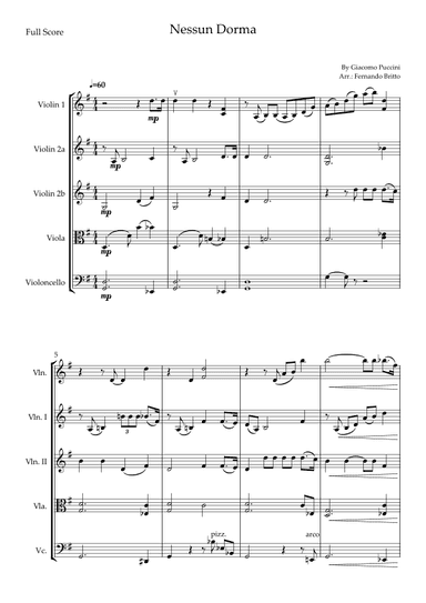 Nessun Dorma (Giacomo Puccini) for String Quintet (arr. Fernando Britto)