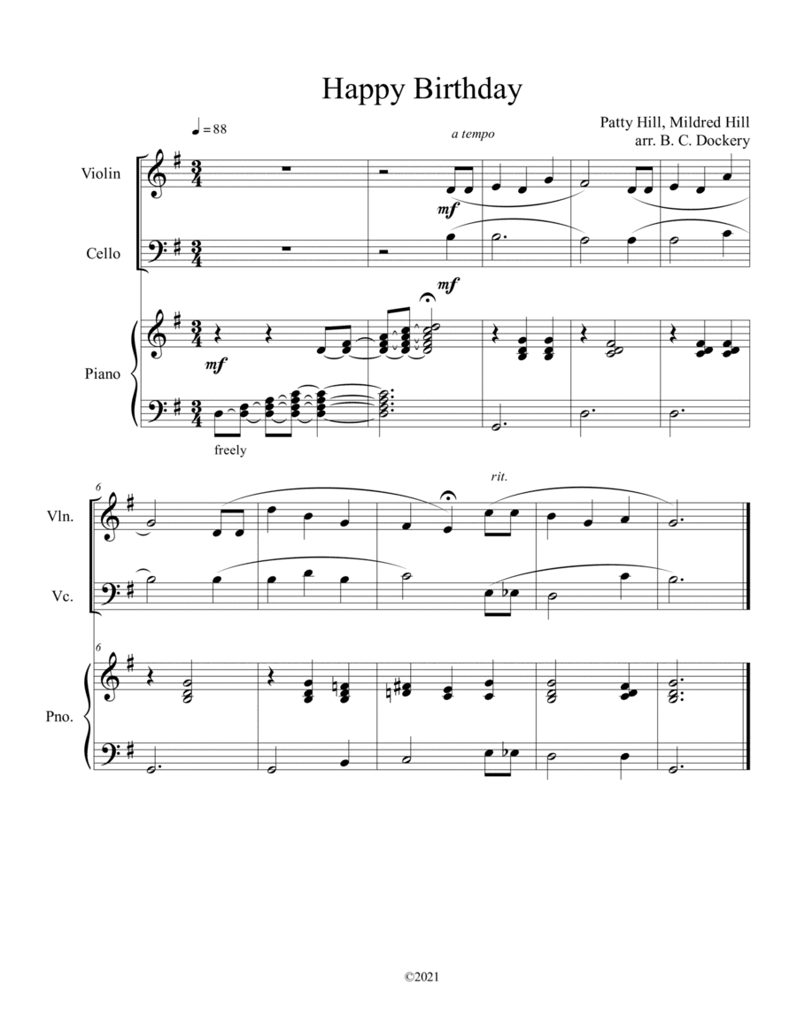Happy Birthday (Violin and Cello Duet) with optional piano accompaniment (arr. B. C. Dockery)