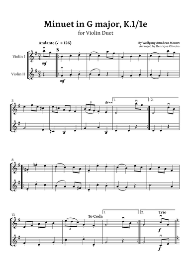 Minuet in G major, K.1/1e (Violin Duet) - W. A. Mozart (arr. Henrique Oliveira)