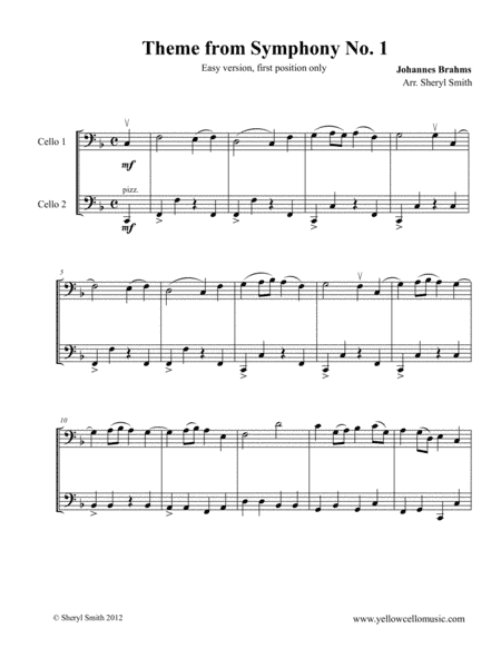 Theme from Brahms Symphony No.1, Fourth Movement for two beginner cellos (cello duo) (arr. Yellow Cello Music)