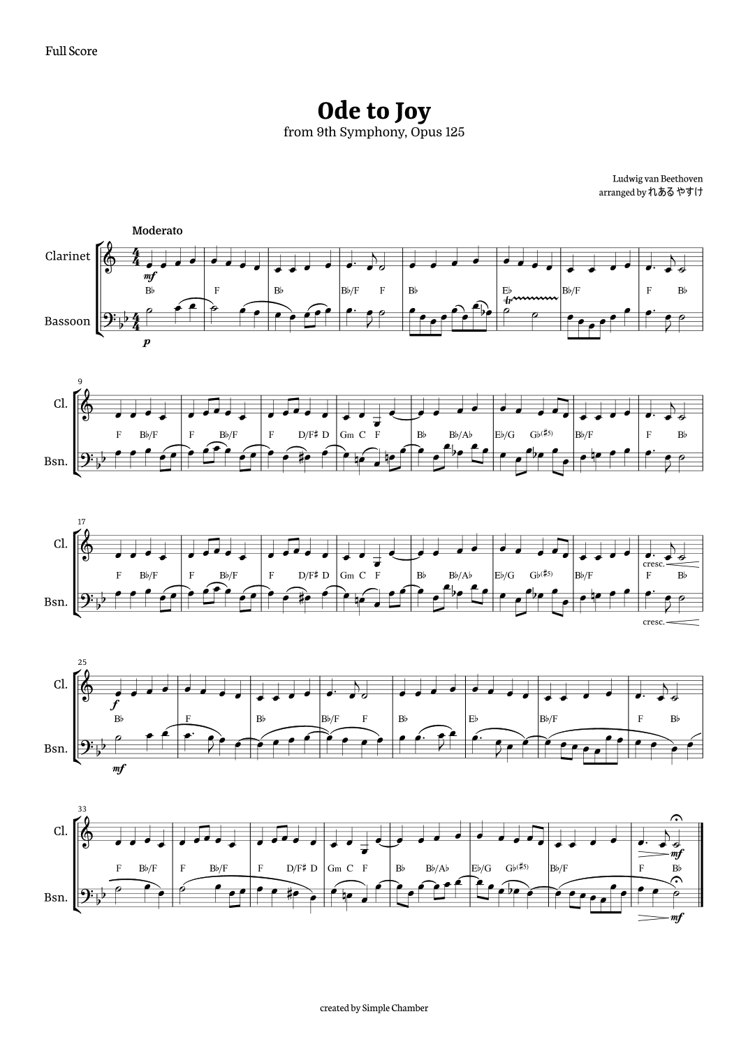 Ode to Joy for Clarinet and Bassoon by Beethoven Opus 125 (arr. れある やすけ)