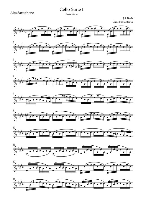 Preludium (from Cello Suite no.1 - J. S. Bach) for Alto Saxophone Solo (arr. Fabio Britto)