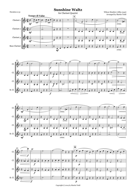 Sunshine Waltz for Clarinet Quartet (arr. Martin Todd)