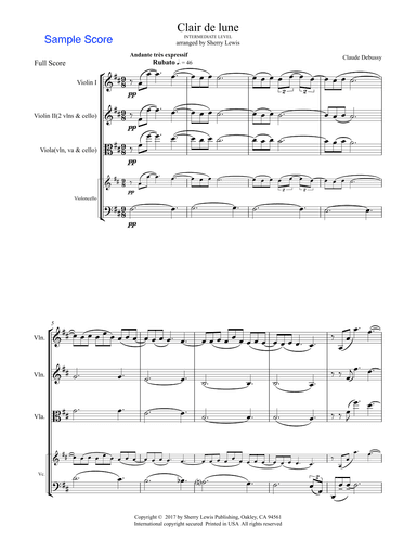 CLAIR DE LUNE String Trio intermediate level for string trio of two violins and cello or violin, vi (arr. Sherry Lewis Publishing)