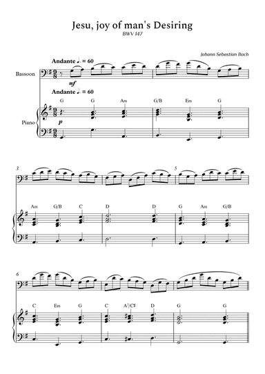 Jesu, joy of man's Desiring fo Bassoon and Piano (With Chords) - Score and Parts (arr. Cássio Silva Chaves)