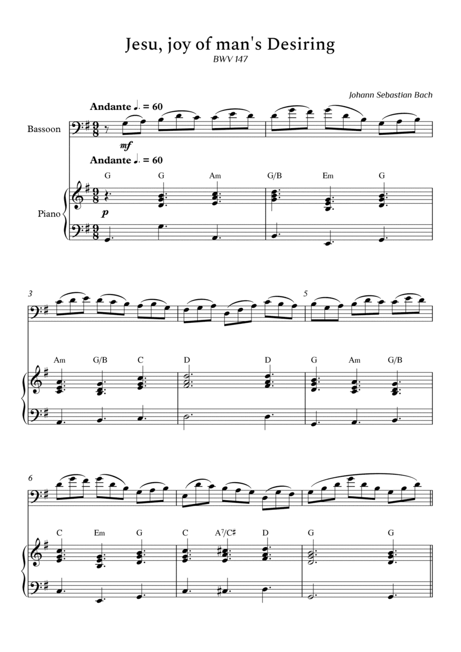 Jesu, joy of man's Desiring fo Bassoon and Piano (With Chords) - Score and Parts (arr. Cássio Silva Chaves)