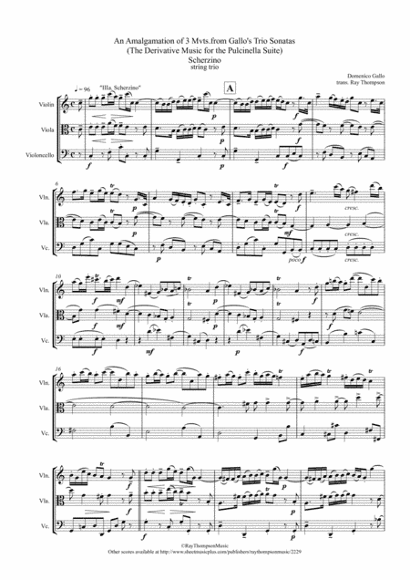 Gallo: 3 movts. from 2 Trio Sonatas (Pulcinella Suite III.Scherzino) - string trio (arr. Ray Thompson)