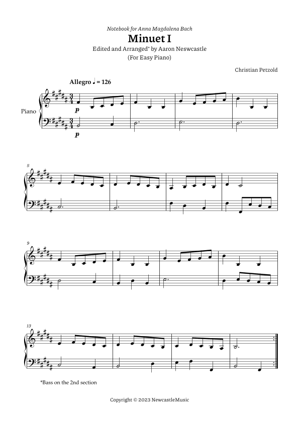 Minuet I Bach, A. M. (Book) |  C. Petzold | B Major (#06/12 Keys) — For Easy Piano (arr. Aaron Newcastle)