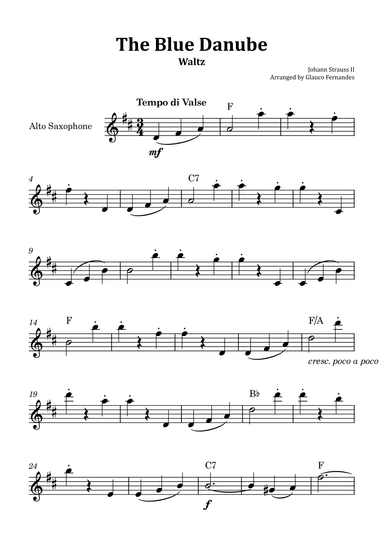 The Blue Danube - Alto Saxophone Solo with Chord Notations (arr. Glauco Fernandes)