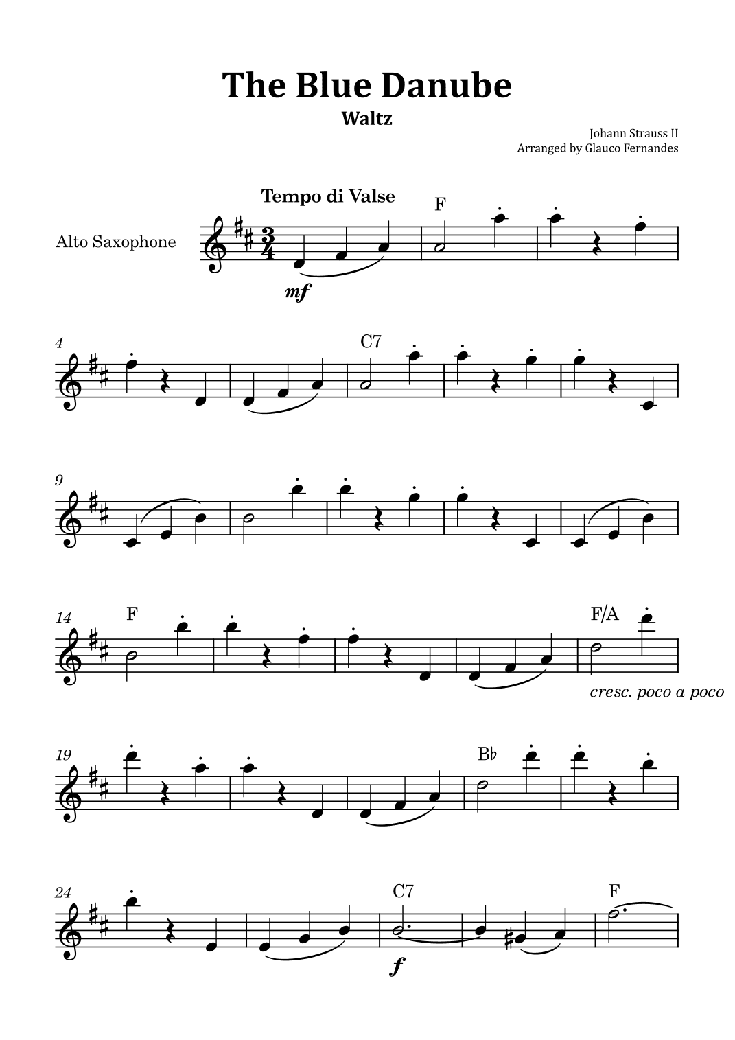 The Blue Danube - Alto Saxophone Solo with Chord Notations (arr. Glauco Fernandes)