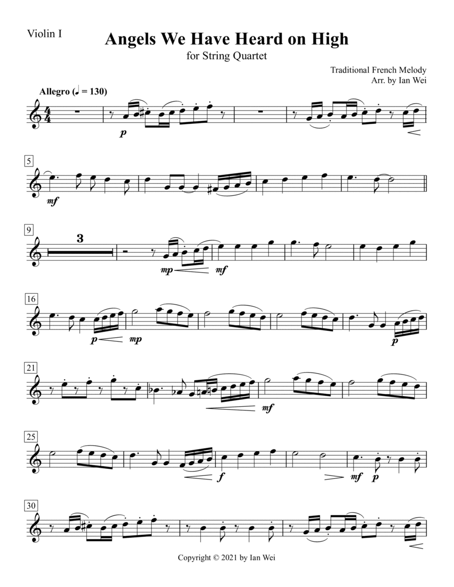 Angels We Have Heard on High for String Quartet (arr. Ian Wei)