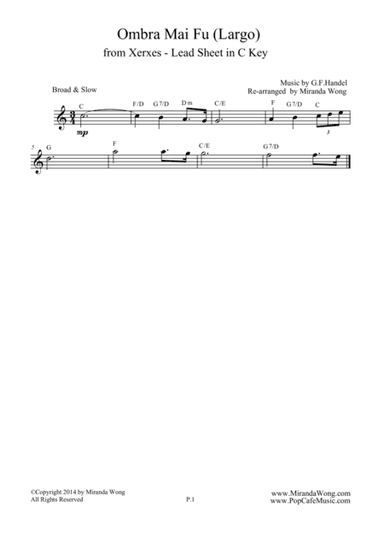 Largo from Xerxes - Lead Sheet in C Key (Violin or Flute Solo) (arr. Miranda Wong)