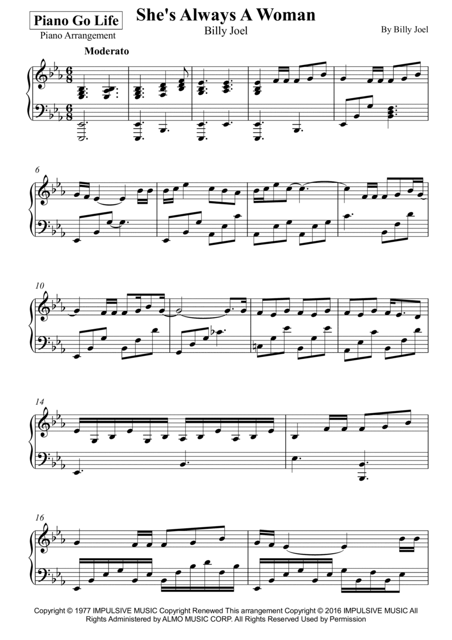 She's Always A Woman (arr. Piano Go Life)
