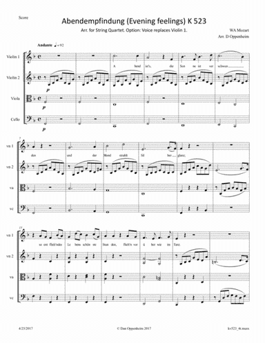 Mozart: Lied - Abendempfindung (Evening feelings) K 523 Arr. for String Quartet. Option: Voice repla (arr. D Oppenheim)