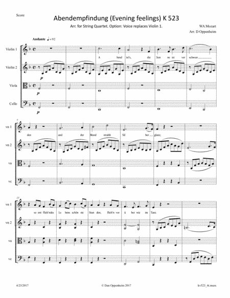 Mozart: Lied - Abendempfindung (Evening feelings) K 523 Arr. for String Quartet. Option: Voice repla (arr. D Oppenheim)