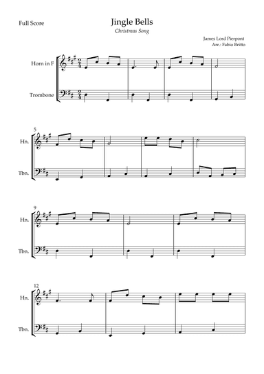 Jingle Bells (Christmas Song) for Horn in F & Trombone Duo (arr. Fabio Britto)