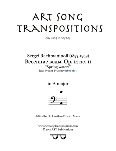 Spring waters, Op. 14 no. 11 (A major, bass clef) (arr. ArtSongTranspositions.com)