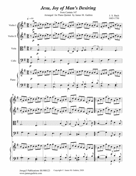 Bach: Jesu, Joy of Man's Desiring for Piano Quintet (arr. James M. Guthrie)