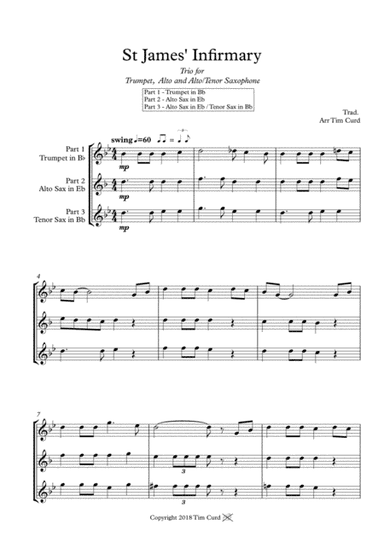 St James' Infirmary. Trio for Trumpet, Alto Sax and Alto/Tenor Sax (arr. Tim Curd.)