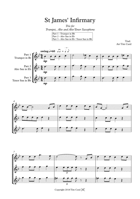 St James' Infirmary. Trio for Trumpet, Alto Sax and Alto/Tenor Sax (arr. Tim Curd.)