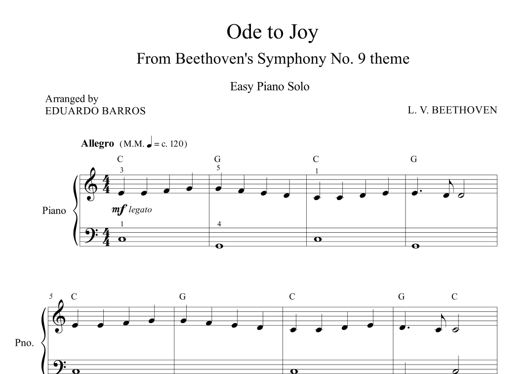 Ode to joy - From Beethoven's Symphony No. 9 theme - Easy Piano Solo (arr. Eduardo Barros)